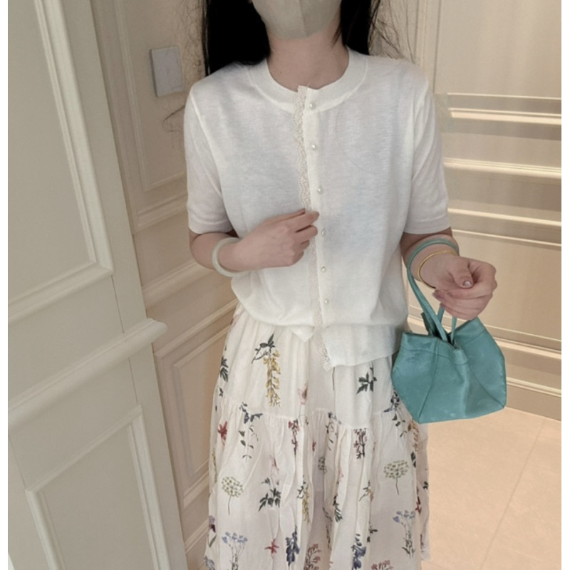 品质/天丝细羊毛/凉爽透气/重工花边开衫设计款/针织短袖A200