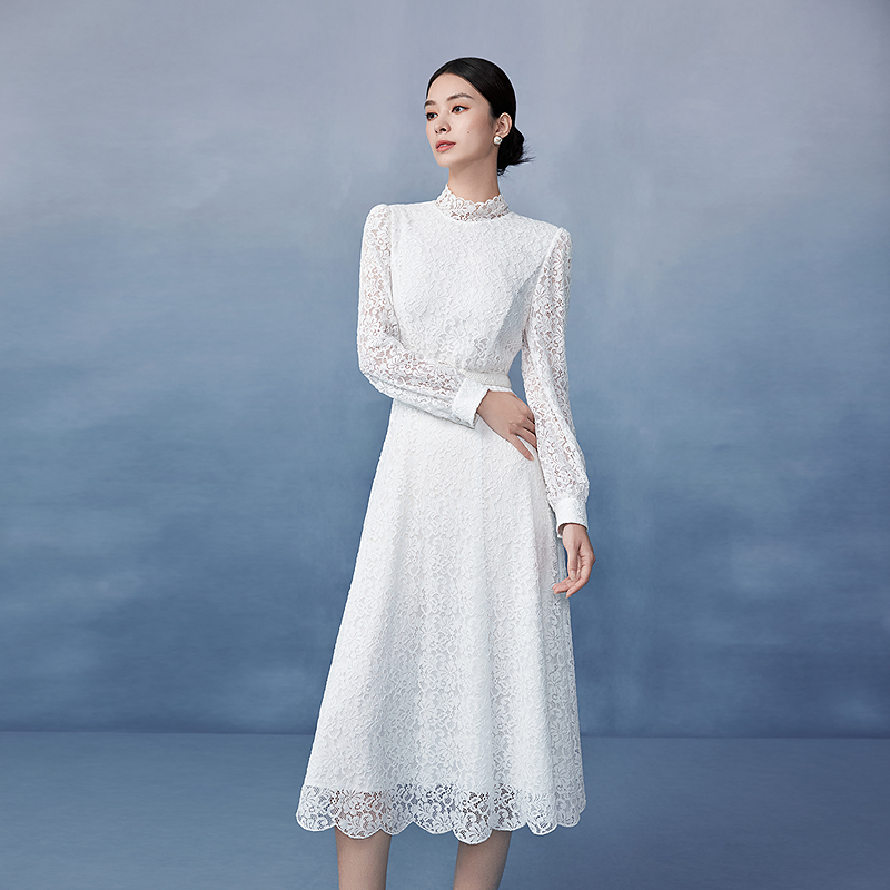 浪漫苍兰花蕾丝连衣裙2025早春新款温柔气质收腰-MJGA01WOP335W11