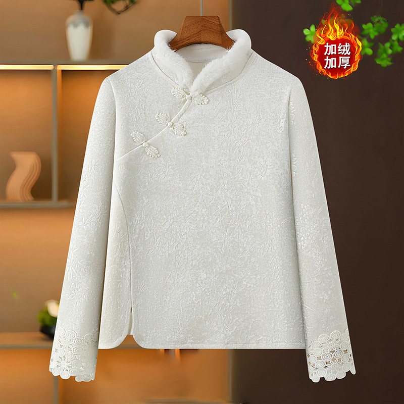 中式国风斜襟盘扣立领长袖小衫女秋冬加绒保暖打底衫气质百搭洋气