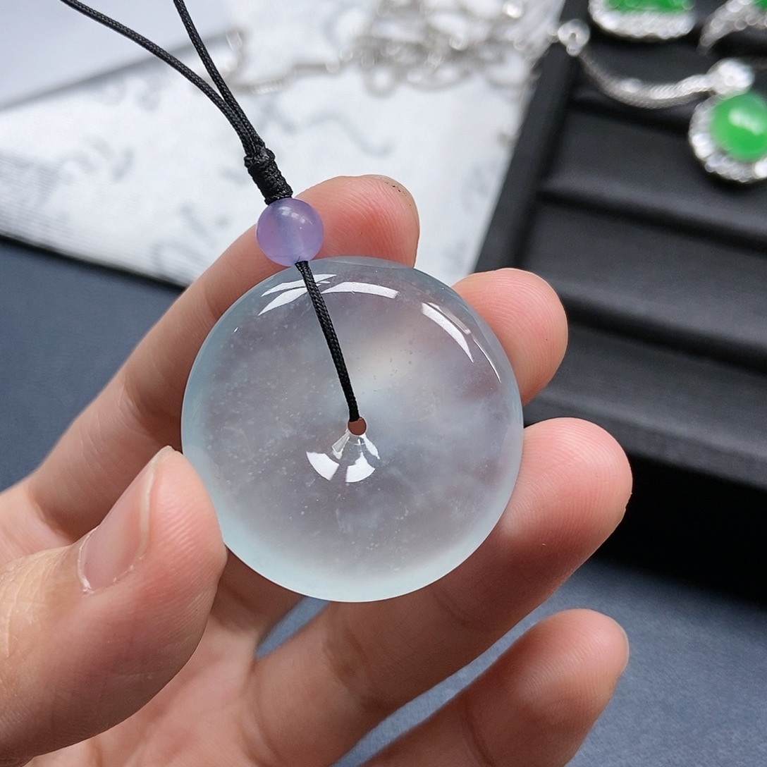 龙***方翡翠未镶嵌颈饰冰蓝平安扣32.8*6.4