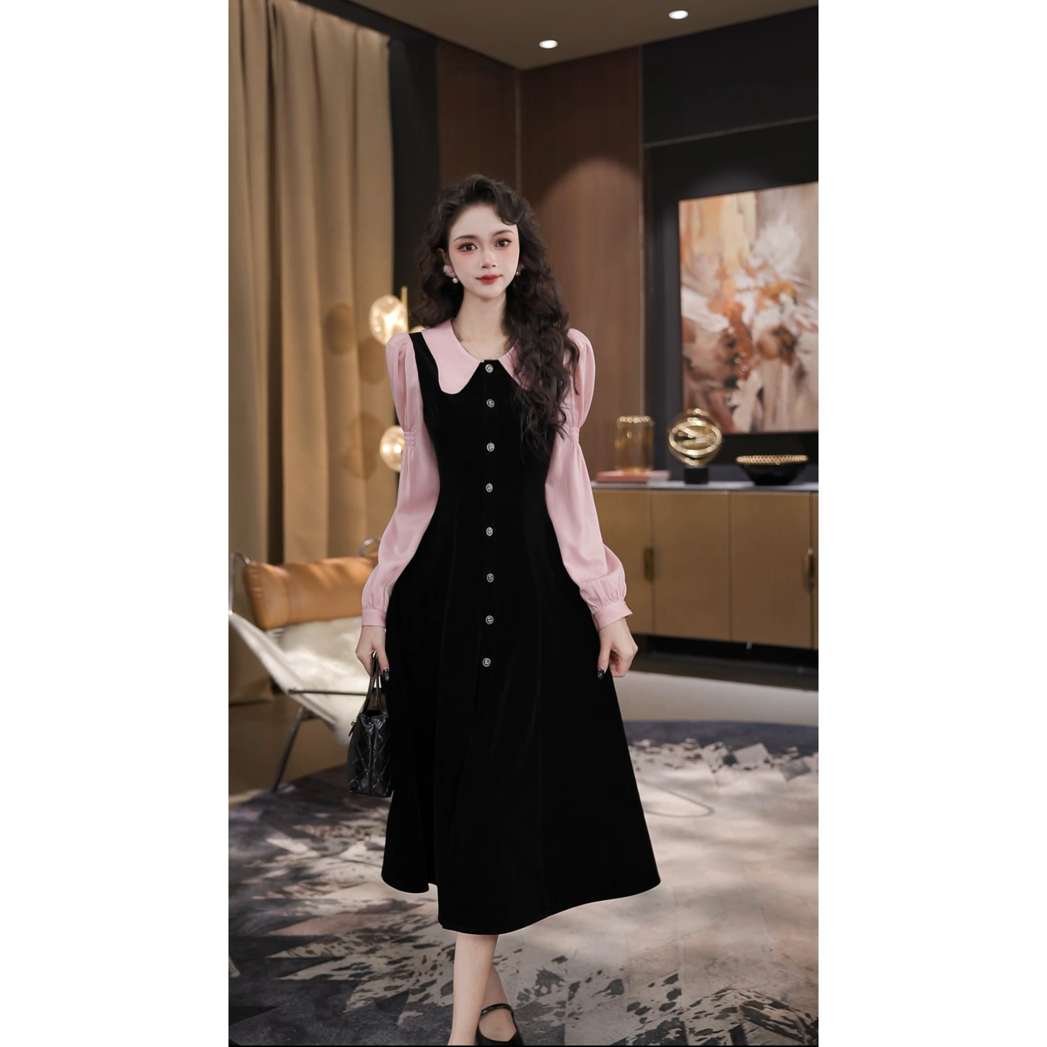 薇宝儿-佳佳【红粉佳人】优雅气质法式高级显瘦粉色复古裙-50106K