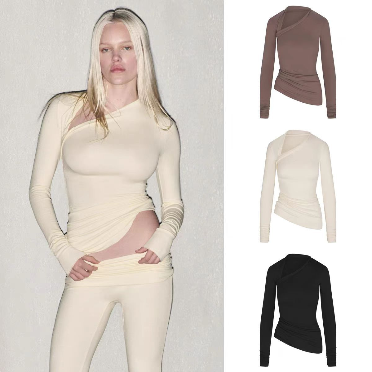 SKIMS卡戴珊 CLOUD ASYMMETRIC LONG SLEEVE TOP不对称长袖套装