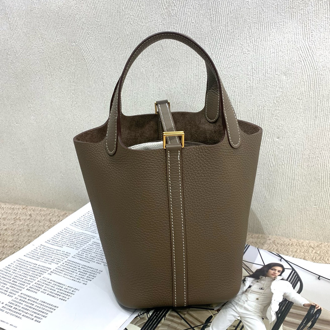 99新 Hermes/爱马仕 大象灰金扣菜篮子18 W刻