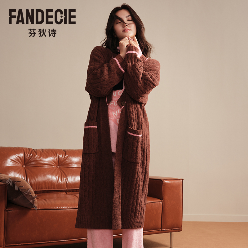 芬狄诗商场同款半边绒睡袍女V领开衫长款睡衣提花家居服FL00730