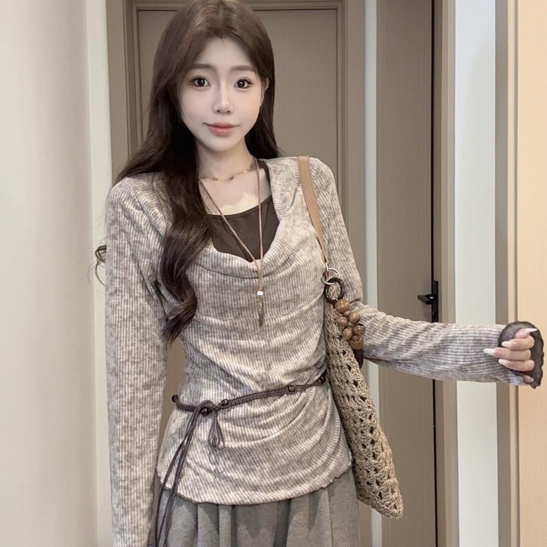 美式辣妹风假两件长袖T恤上衣扎染秋季大码女装胖mm毛针织衫荡领