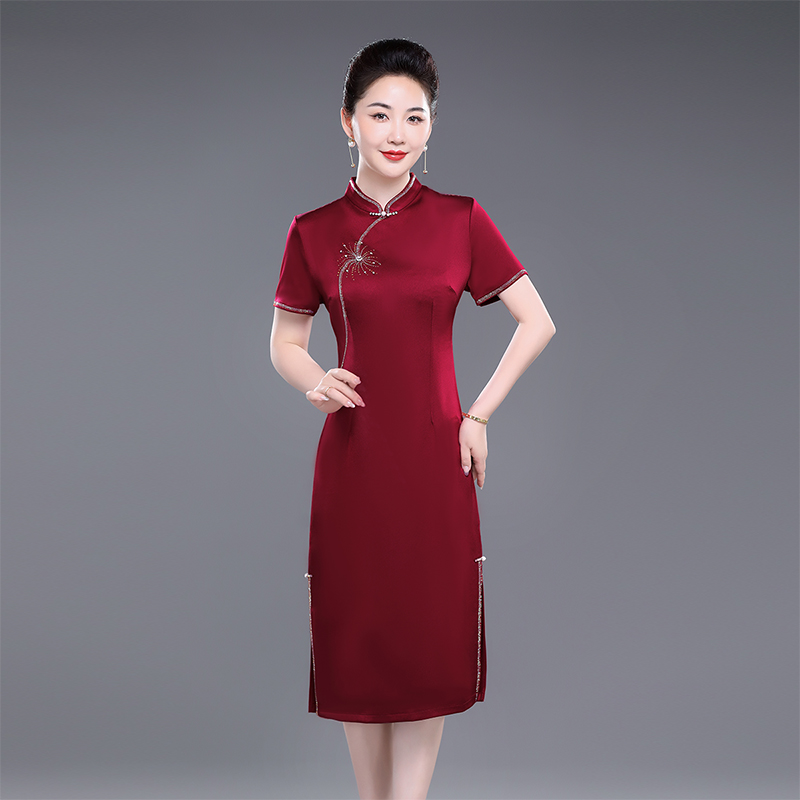 夏季喜婆婆喜妈妈装中式高贵短袖醋酸婚宴礼服婚礼旗袍结婚连衣裙