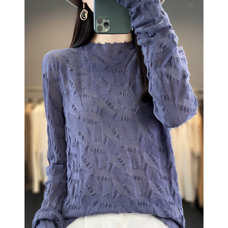 80支细糯薄款精纺羊毛褶皱立体感长袖春针织提花气质上衣打底衫女