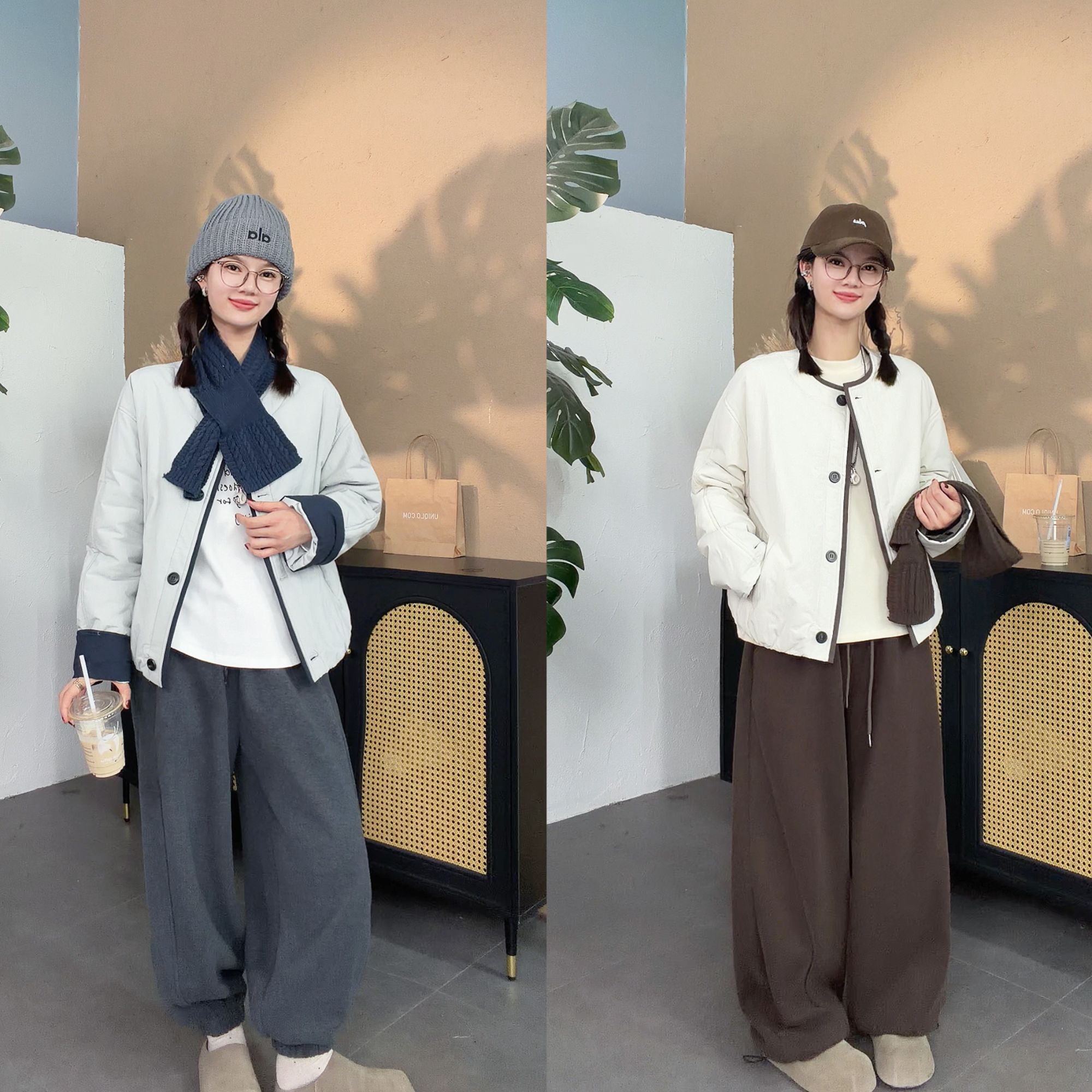 【SI MO】3151冬季新款韩版休闲无领棉衣外套+针织围脖