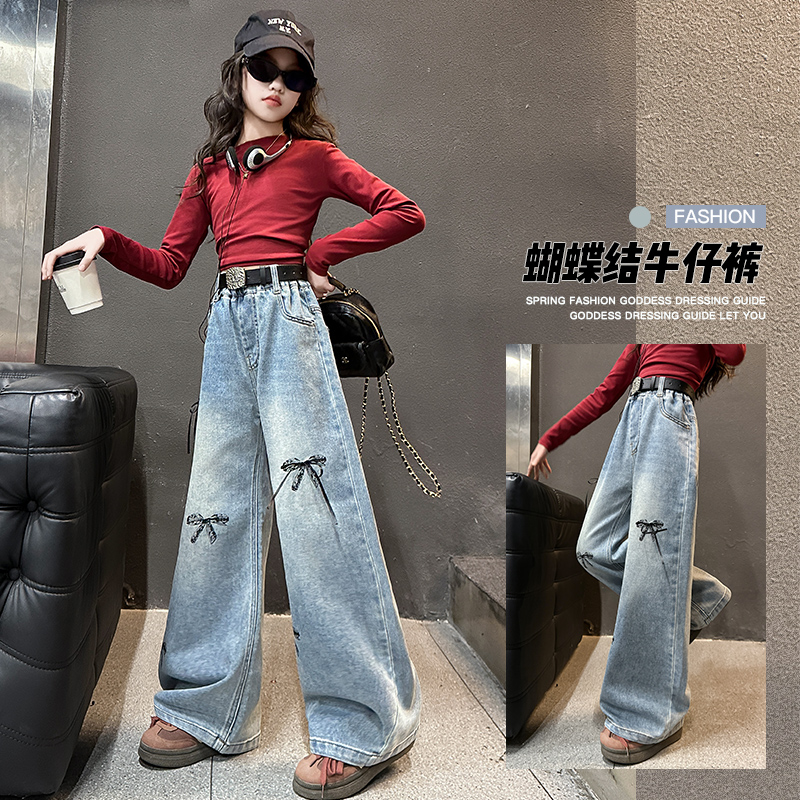 女童牛仔裤春秋2025新款春季大童牛仔阔腿裤儿童洋气蝴蝶结休闲裤