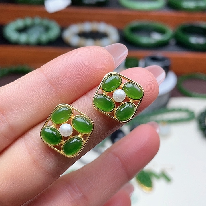 和田玉（碧玉）耳饰银S925镶嵌