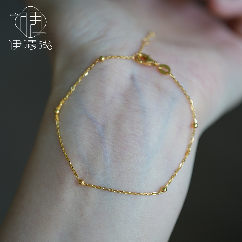 【好运连连】伊清浅999足金5G极细黄金手链转运珠十字链可调节女