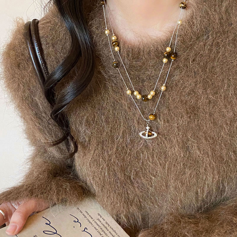 铜合金项链 梅姐饰品b127 土星项链女秋冬高级轻奢双层串珠毛衣链