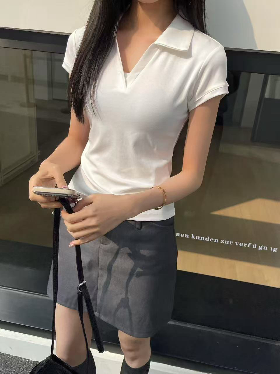 【海岛简爱】夏新款POLO领正肩短袖修身时尚上衣5105