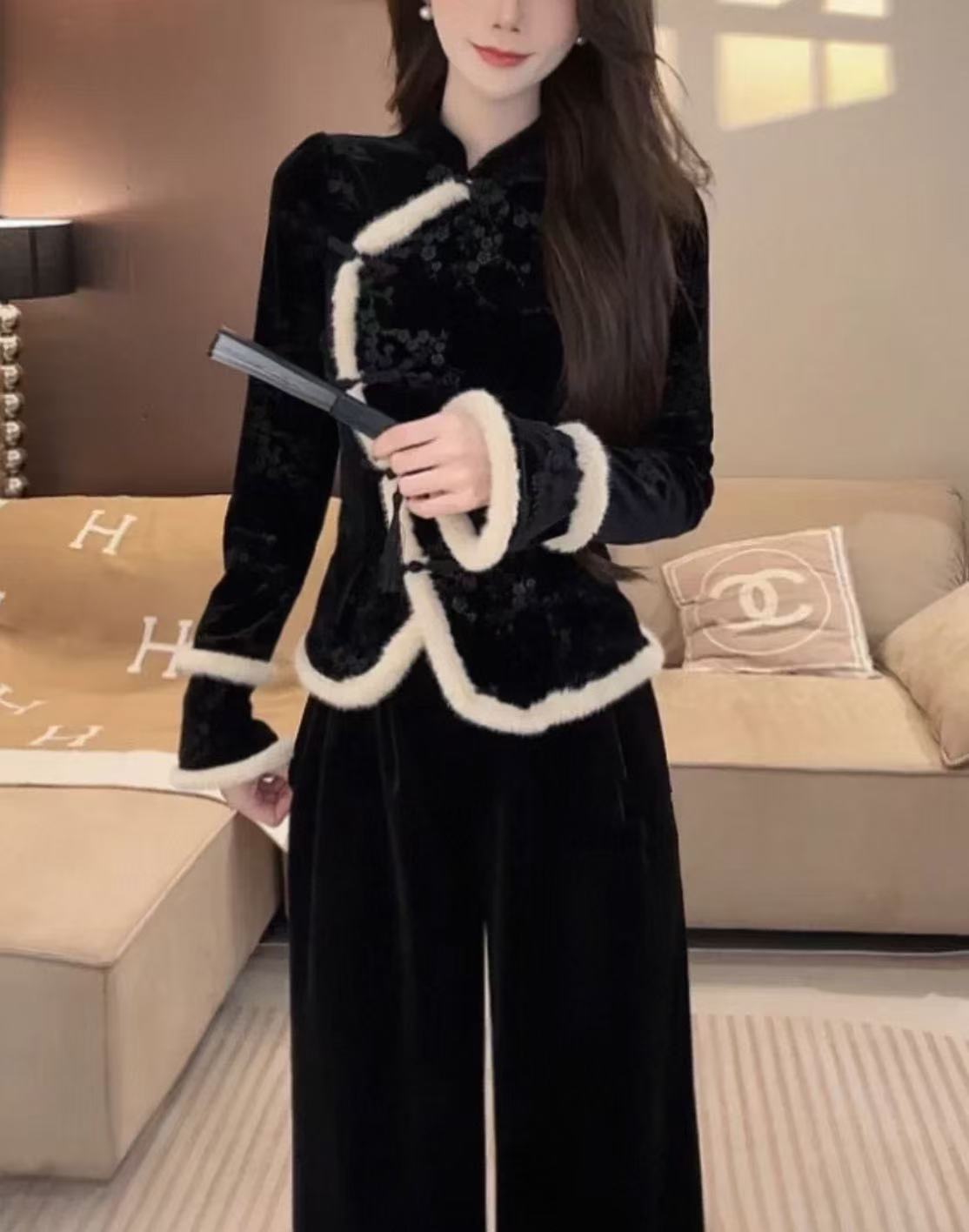 【晨浠定制】新款时尚加绒盘扣丝绒上衣衬衫6937