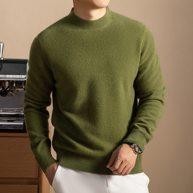 织厘四季【100%绵羊毛】男士超细拉绒工艺半高领插肩袖圆领保暖毛衫