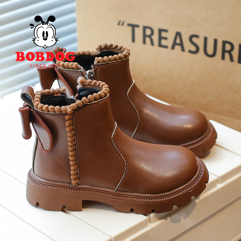 巴布豆女童靴子2025新款秋冬季二棉儿童马丁靴春秋女宝宝加绒短靴