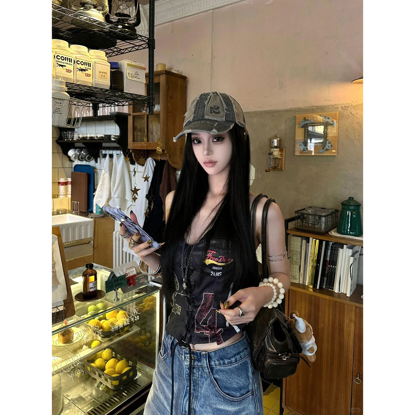 QYao Girls夏季新款美式复古修身显瘦短款吊带背心无袖上衣女