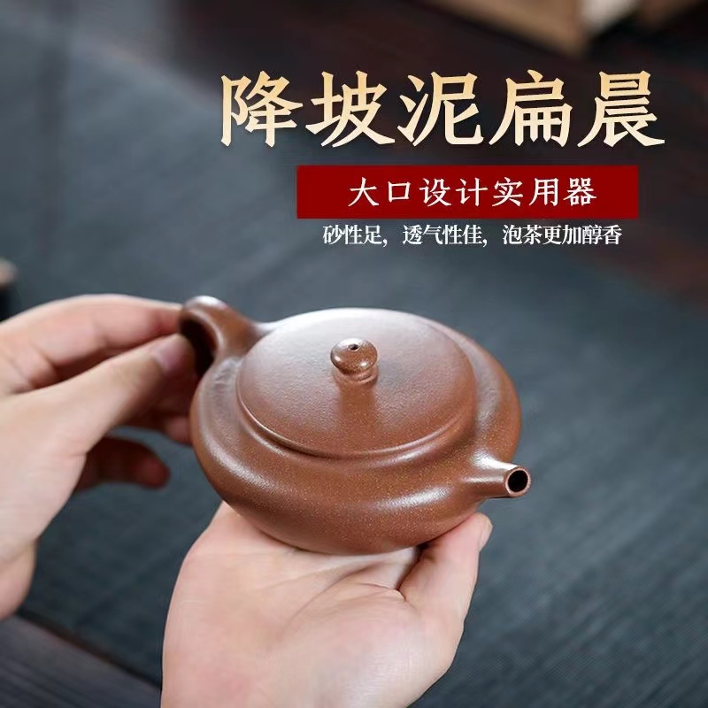 宜兴名家正宗紫砂壶原矿降坡泥扁晨小品壶-130毫升