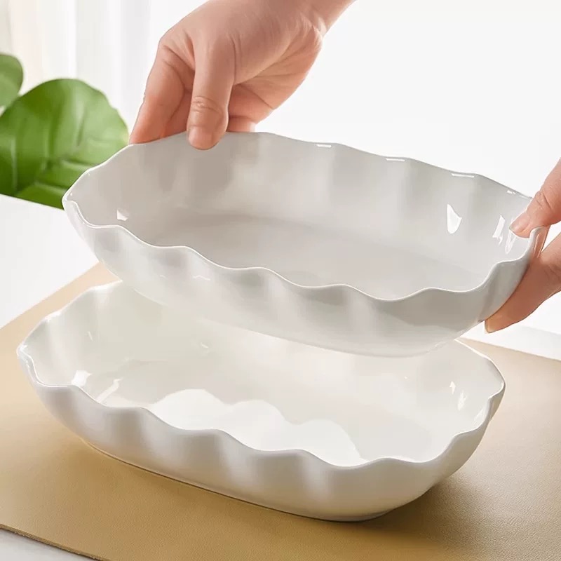 景德镇纯白骨瓷荷叶边鱼盘家用轻奢洋气多功能餐盘沙拉碗挣鱼盘