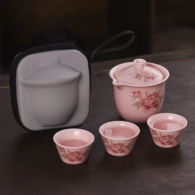 粉牡丹手抓壶一壶三杯带包便携旅行实用1848