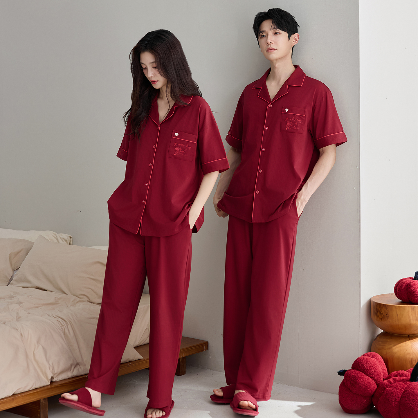 【两套装】夏季情侣睡衣结婚红色莱卡纯棉短袖新中式刺绣家居服套装