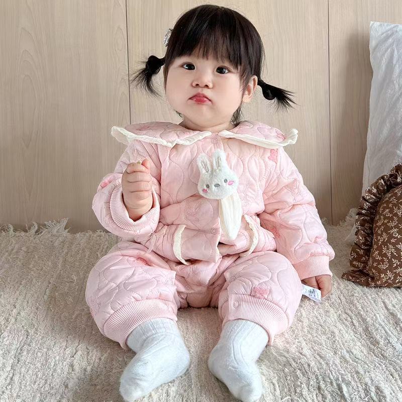 婴幼儿秋冬薄棉加绒女宝宝兔耳朵保暖连体衣婴儿新生儿