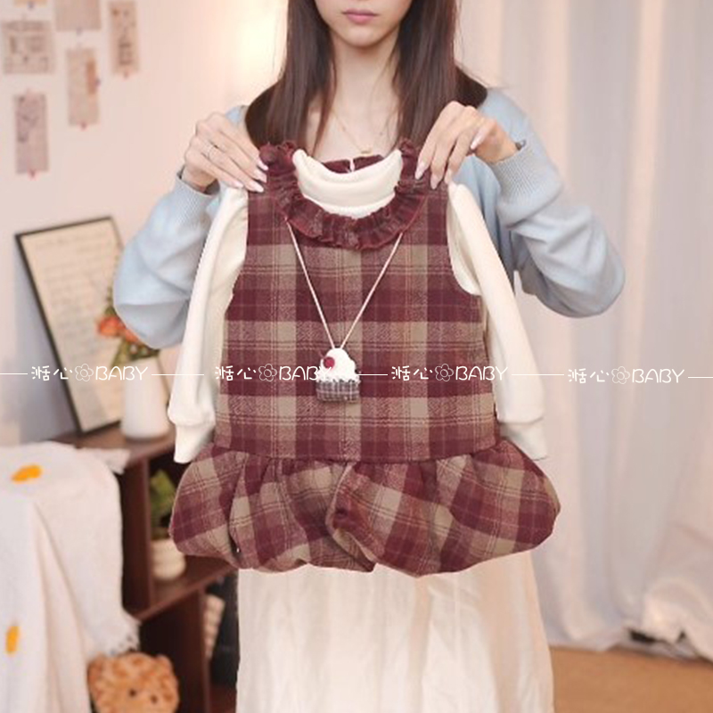 【湉心】女童秋冬2025新款红格子毛妮加绒可爱公主裙加厚连衣裙套装
