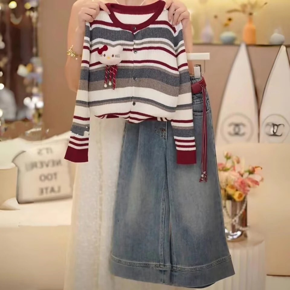 女童秋季套装2025新款中大童韩版条纹针织开衫毛衣牛仔裤两件套潮