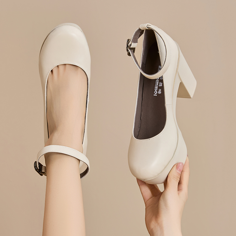 粗跟高跟鞋女2025春季新款气质百搭真皮厚底圆头工作鞋配裙子单鞋