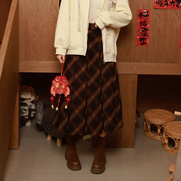 西町村屋美式复古学院百褶裙女秋冬新款气质长款半身裙XA9D10315