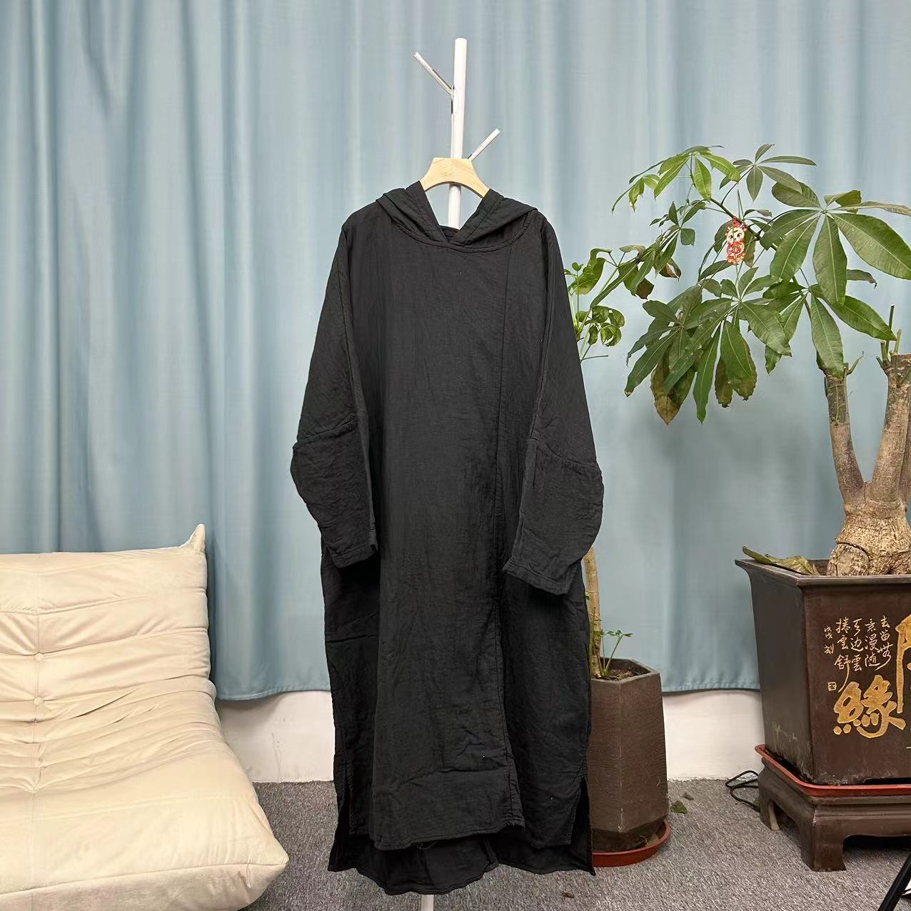 花璟与麻原创设计款纯色连帽袍裙（衣长110-120胸围150）