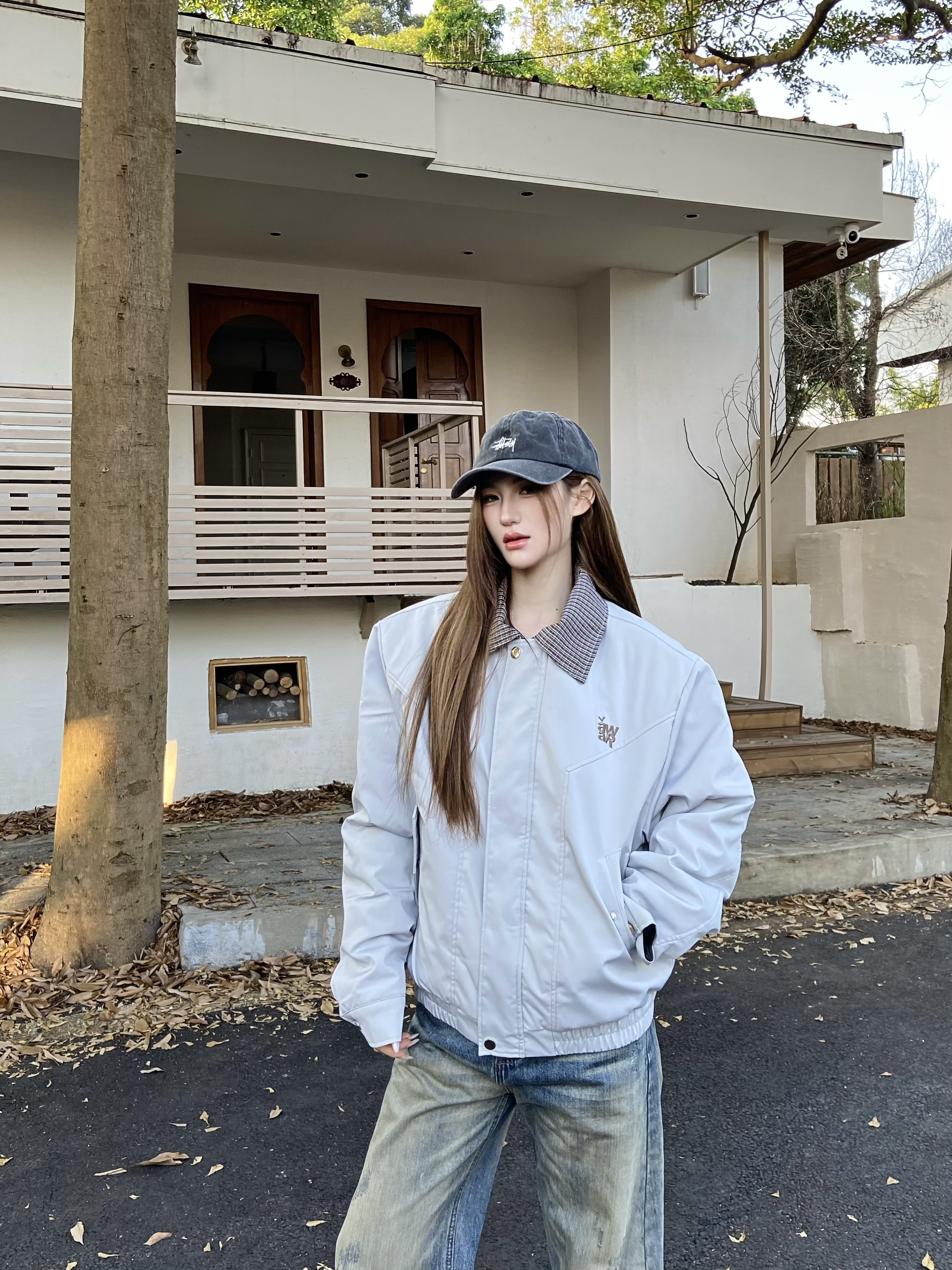 ATKFY 美式复古格子拼接翻领夹克外套男女款小众设计宽松夹棉上衣