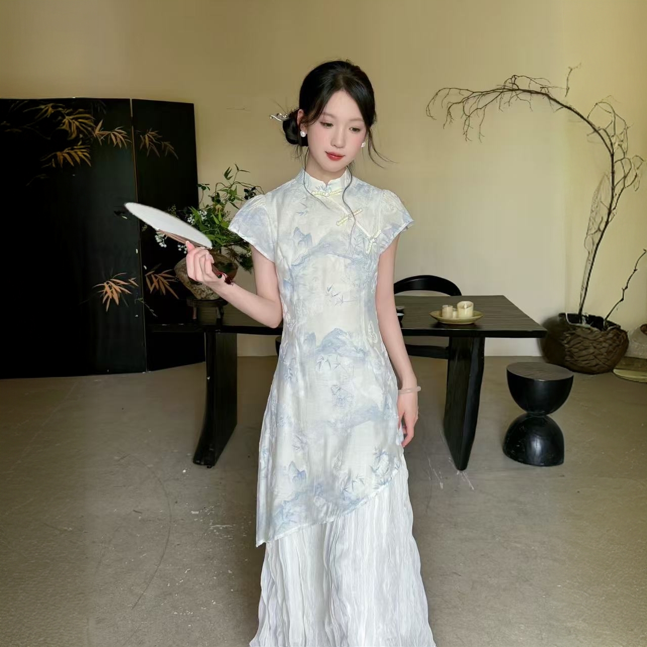 显瘦中国风复古斜襟提花旗袍裙常规旗袍新中式拼接