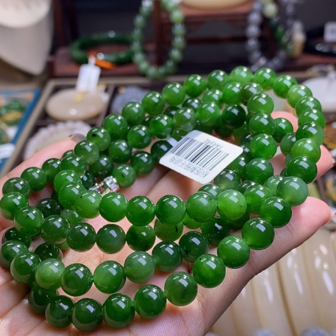 和田玉毕业级老矿料碧玉珠链8m未镶嵌