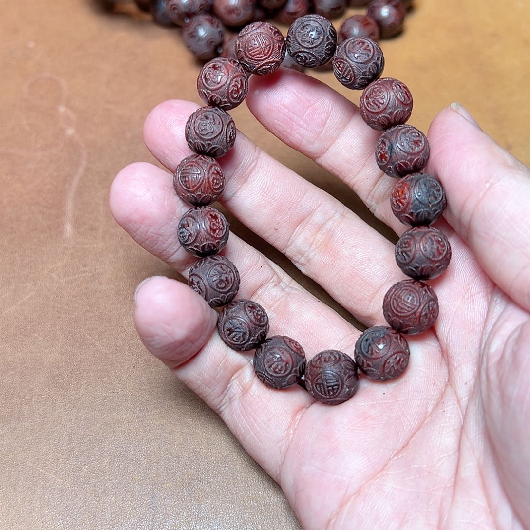 小叶紫檀手串/手链1.2雕刻珠五福临门