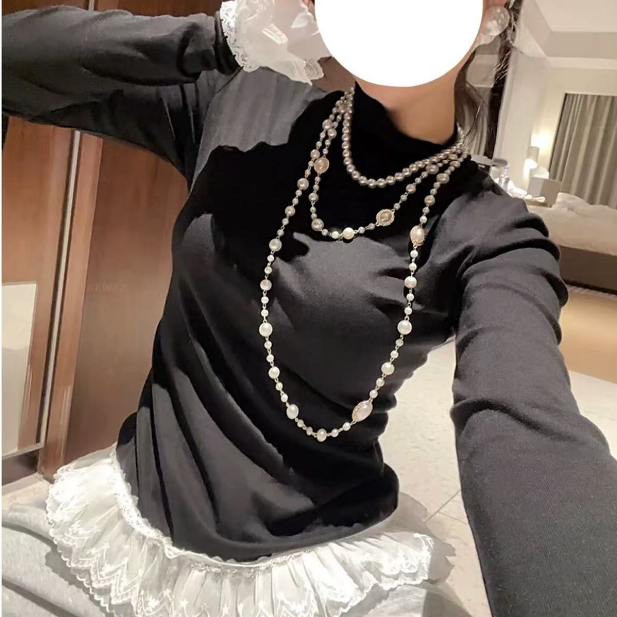 韩国东大门早秋新款气质手工花边圆领打底袖长上衣女