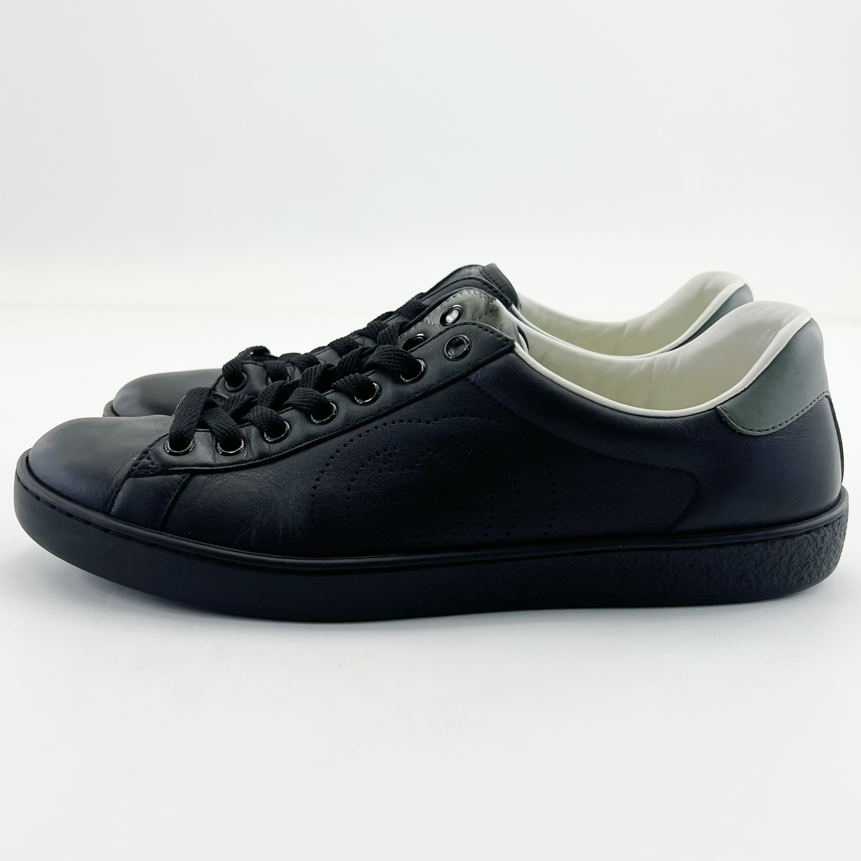 95新 GUCCI/古驰 41码/黑色圆头低帮系带logo板鞋/16699159