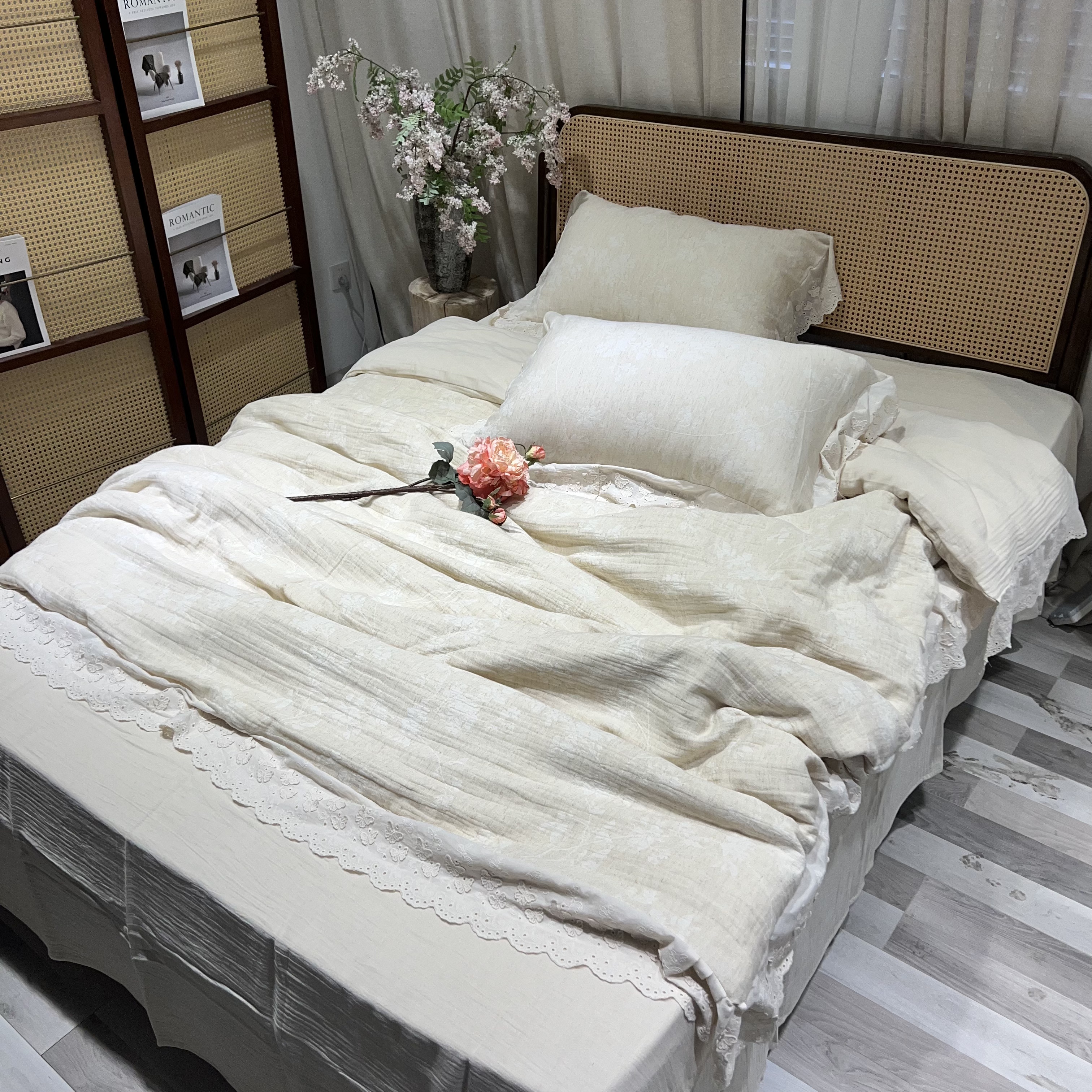禾野中古亚麻提花法式复古蕾丝花边四件套柔软简约