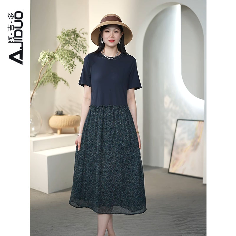 阿吉多短袖连衣裙女夏季新款休闲时尚拼接碎花裙大码好看长裙子