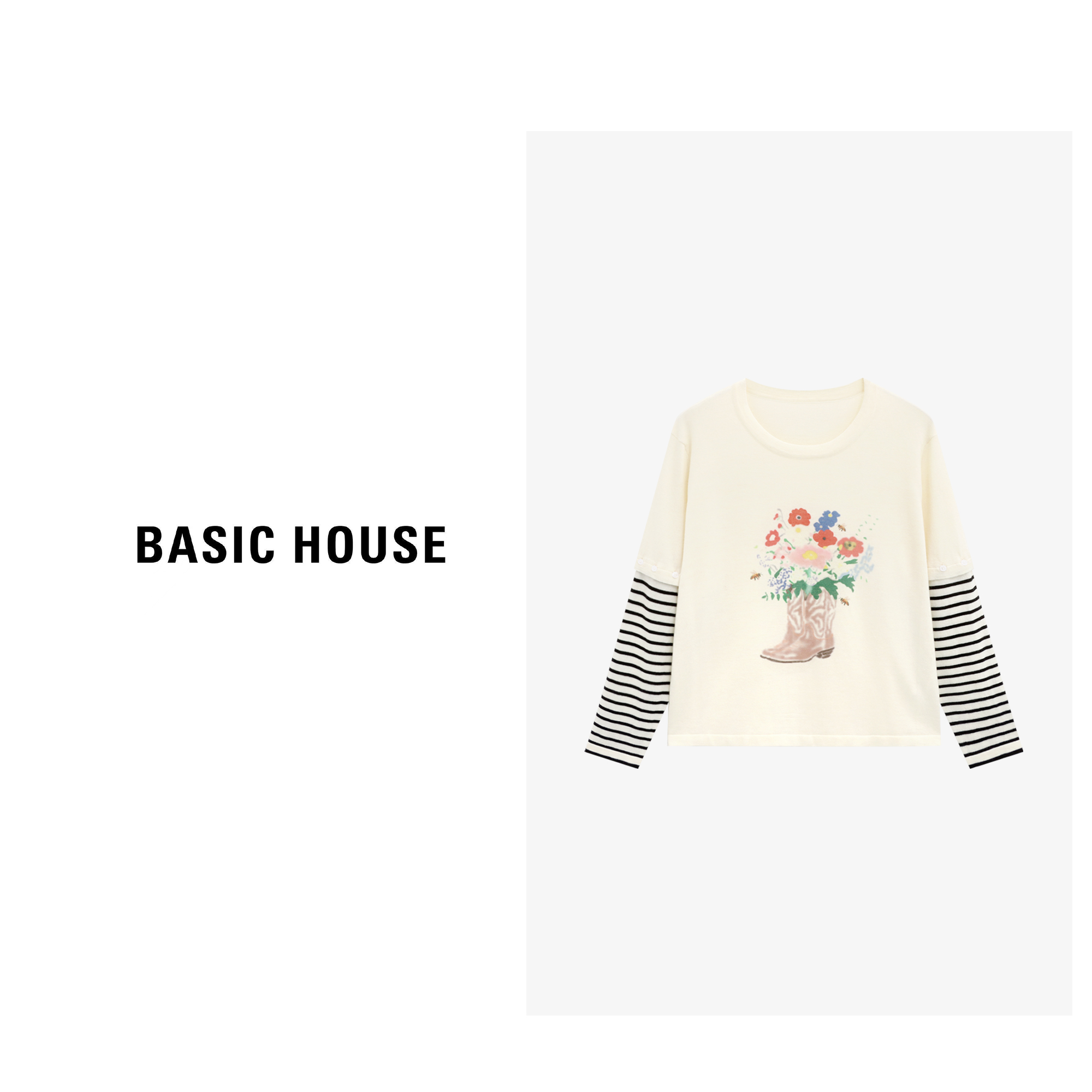 Basic House/百家好老钱风松弛感女装印花休闲针织衫-B0625B5JYQ2
