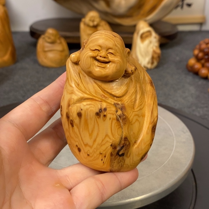 柏木（崖柏）太行崖柏留疤弥勒佛手把件小摆件