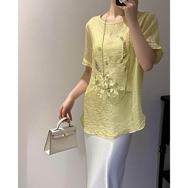 烫金天丝~M胸112长67新中式国风提花盘扣黄色短袖衬衫女上衣 1012