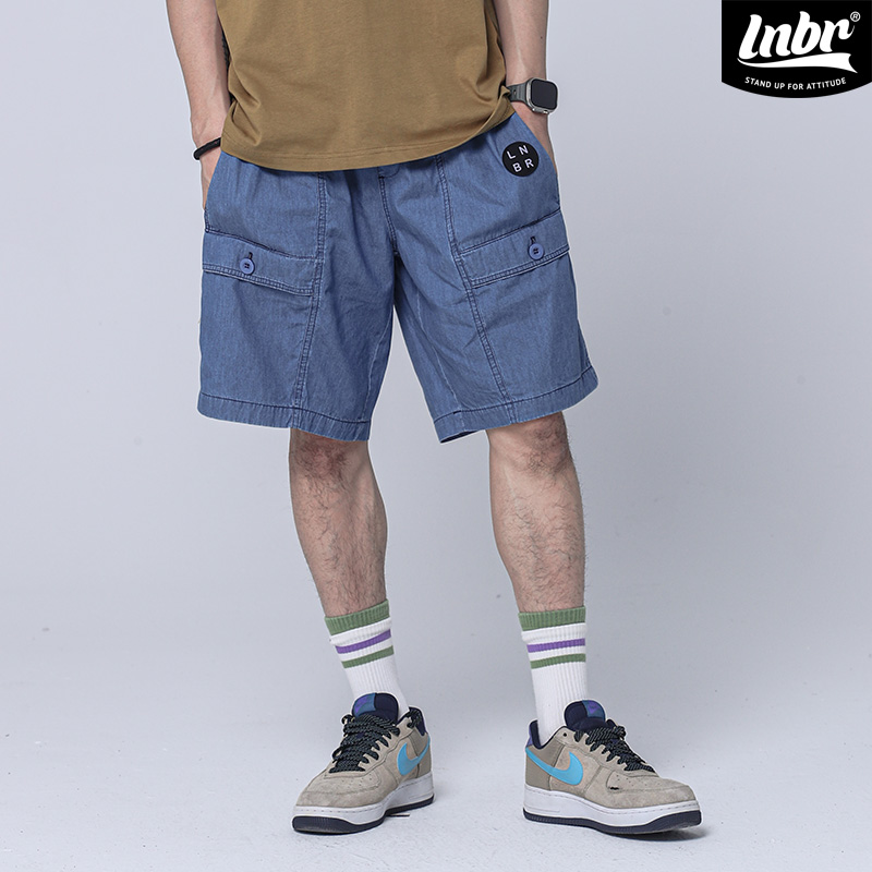 LNBR熊电潮牌夏季休闲水洗蓝色宽松短裤男潮牌美式街头嘻哈五分裤