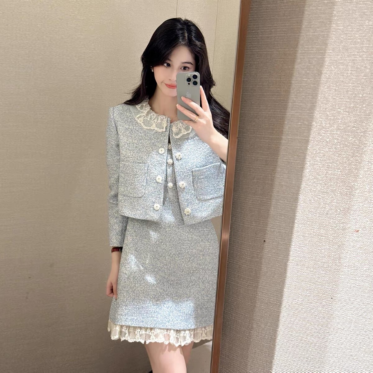 小香风套装2024秋新款甜美花边领短外套吊带连衣裙优雅气质两件套