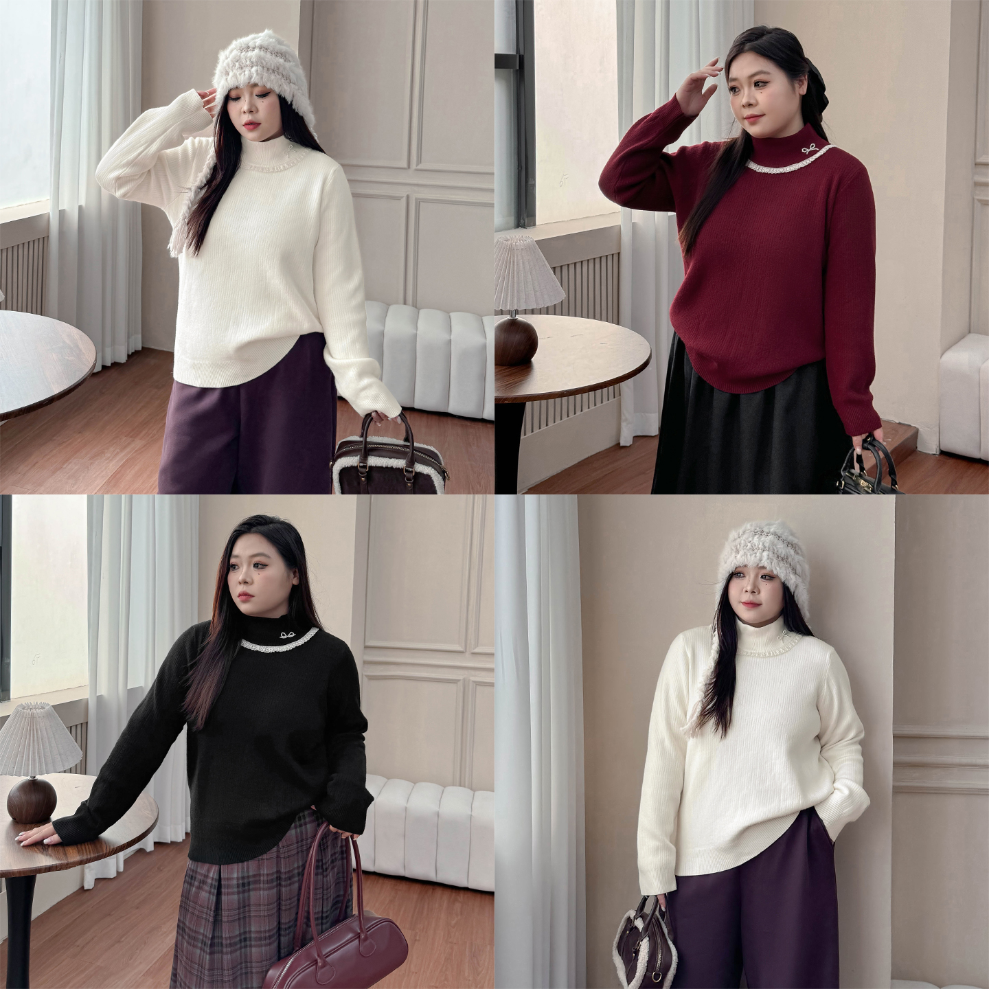 BD4352-1大码女装【宝藏针织衫】珍珠蝴蝶结半高领内刷毛保暖毛衣