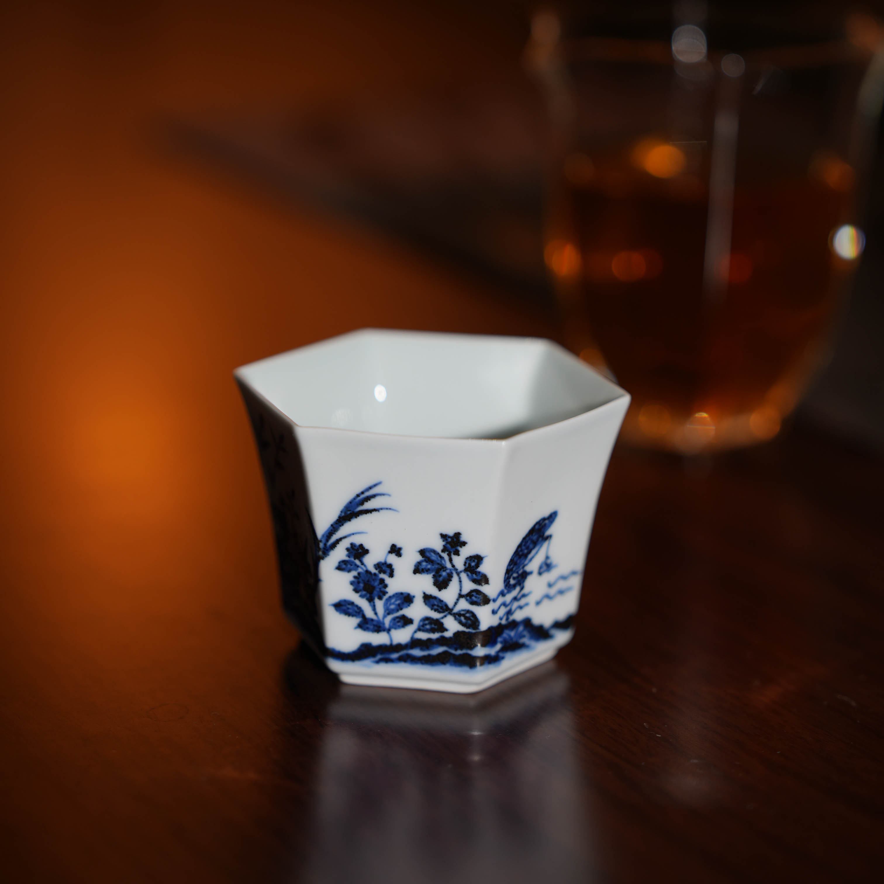 瓷器侦探社【松风馆藏】青花白鹭汀州仿古仿明六方杯手绘主人杯茶杯