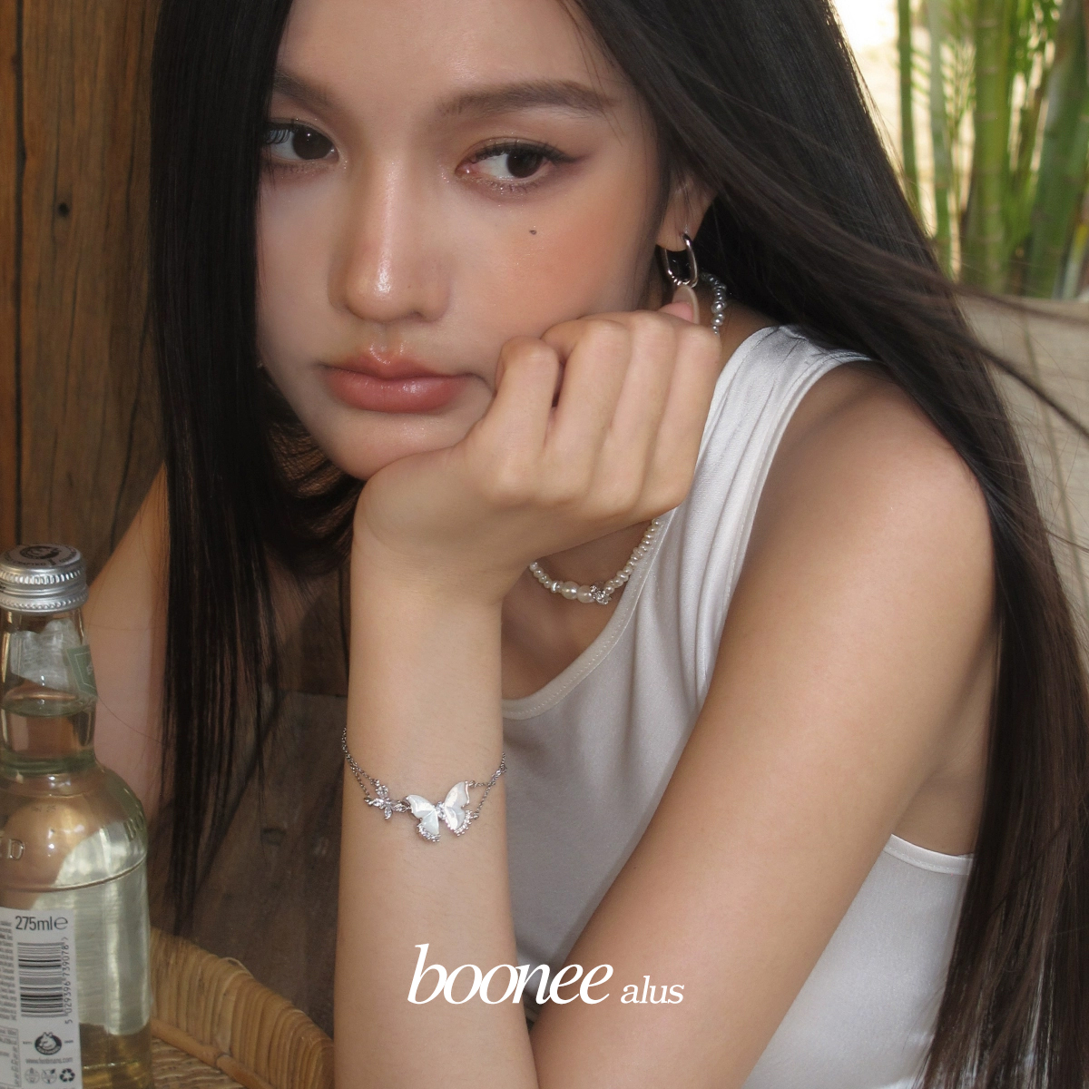 boonee alus 铜合金合成锆石手链 白贝蝴蝶镶钻双层叠戴手链女