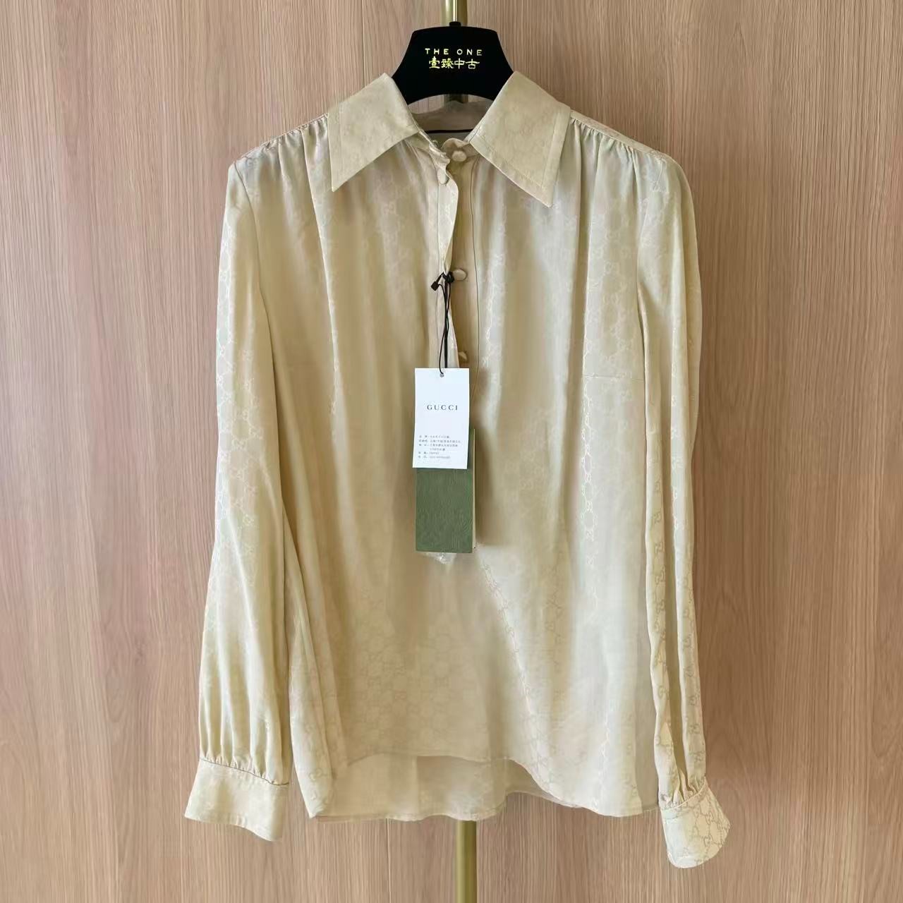 99新 GUCCI/古驰 su/浅黄色真丝满印长袖衬衣/73933482/代卖服务