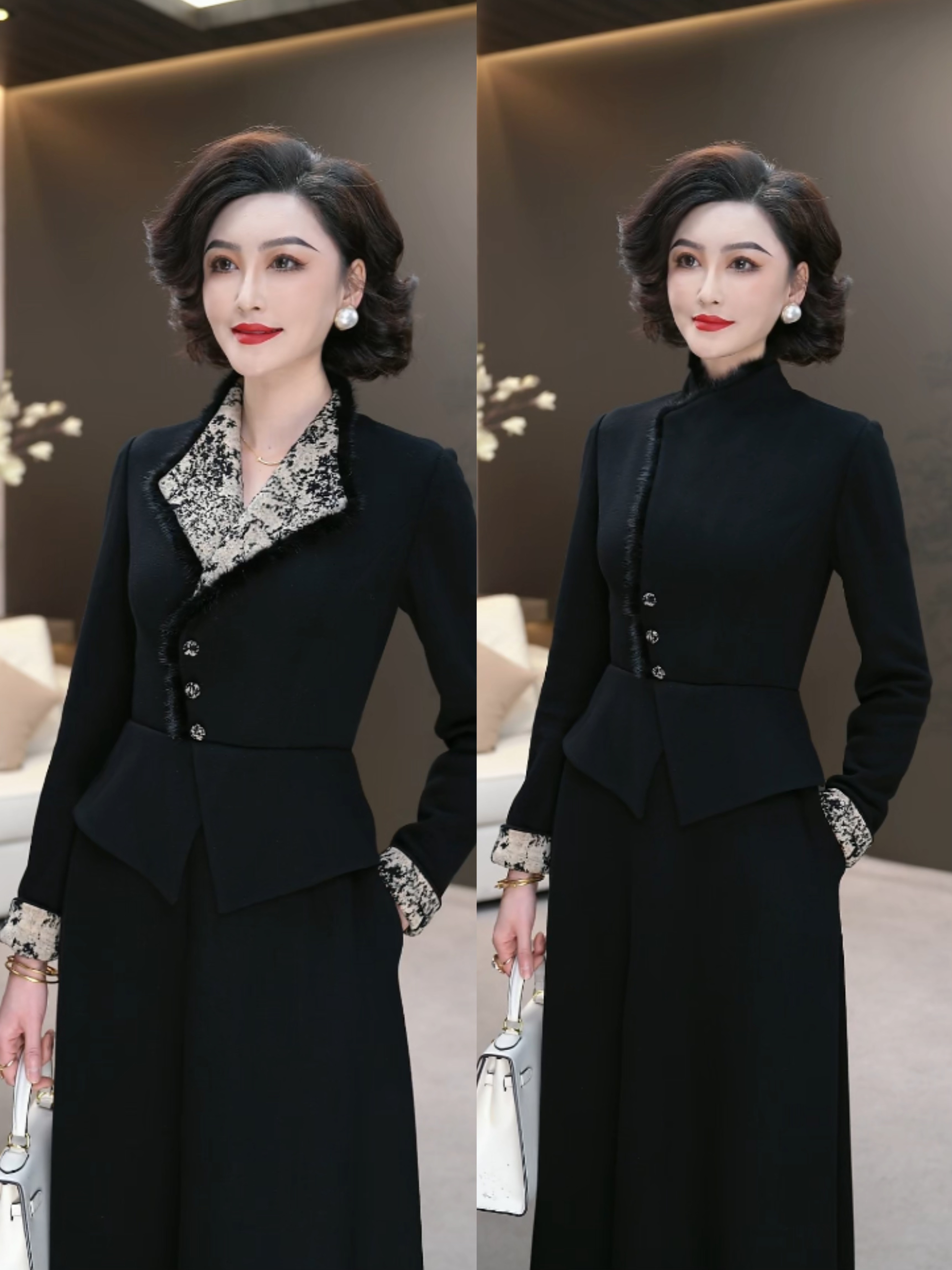 2026新撞色黑米提花水貂毛领弹力针织精仿毛呢假两件连衣裙WF3392