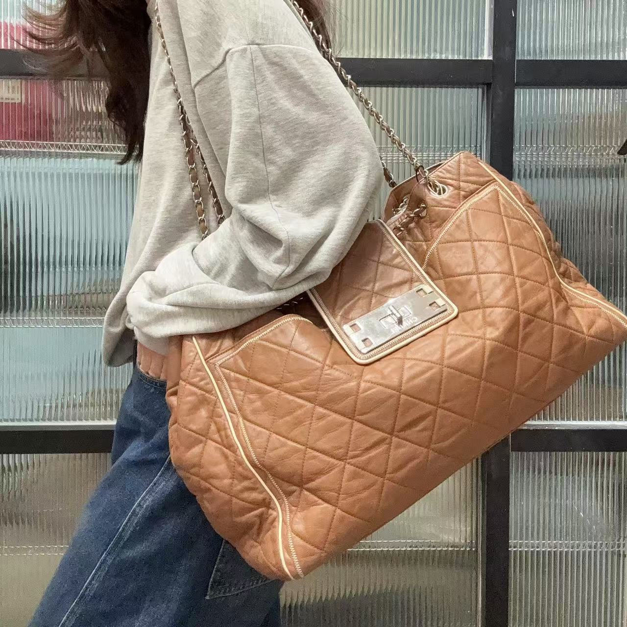 95新 Chanel/香奈儿 【蕾】5XC819 奶茶色中号机场包